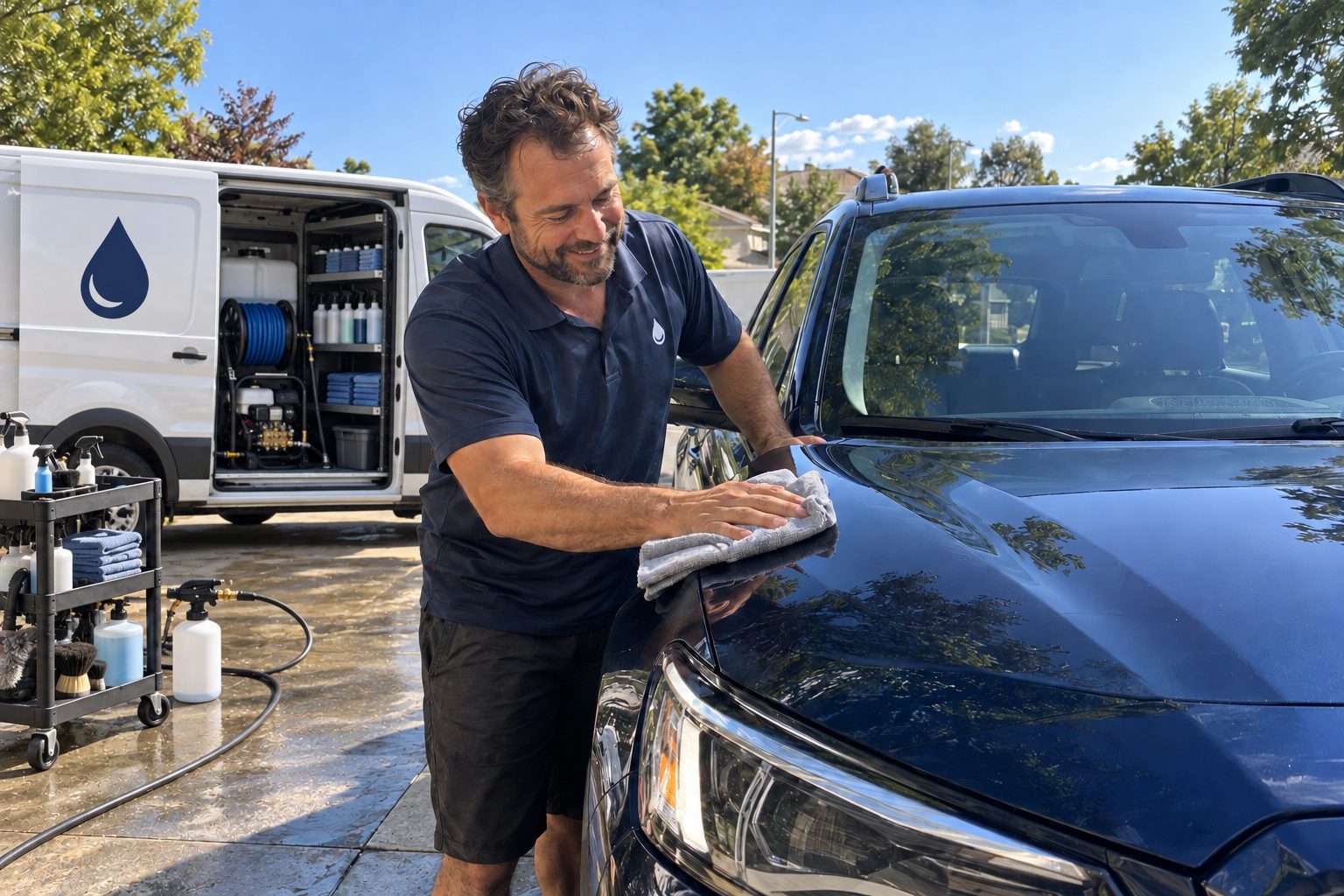 A mobile detailer wiping down a freshly washed SUV, his work van behind him