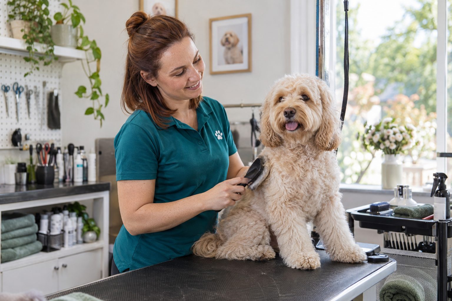 A smiling dog groomer brushing a freshly groomed cavoodle